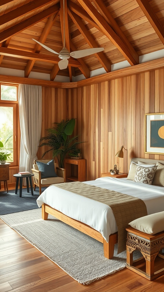 A tropical bedroom with natural wood finishes, featuring wooden walls, beams, and light-colored furniture.
