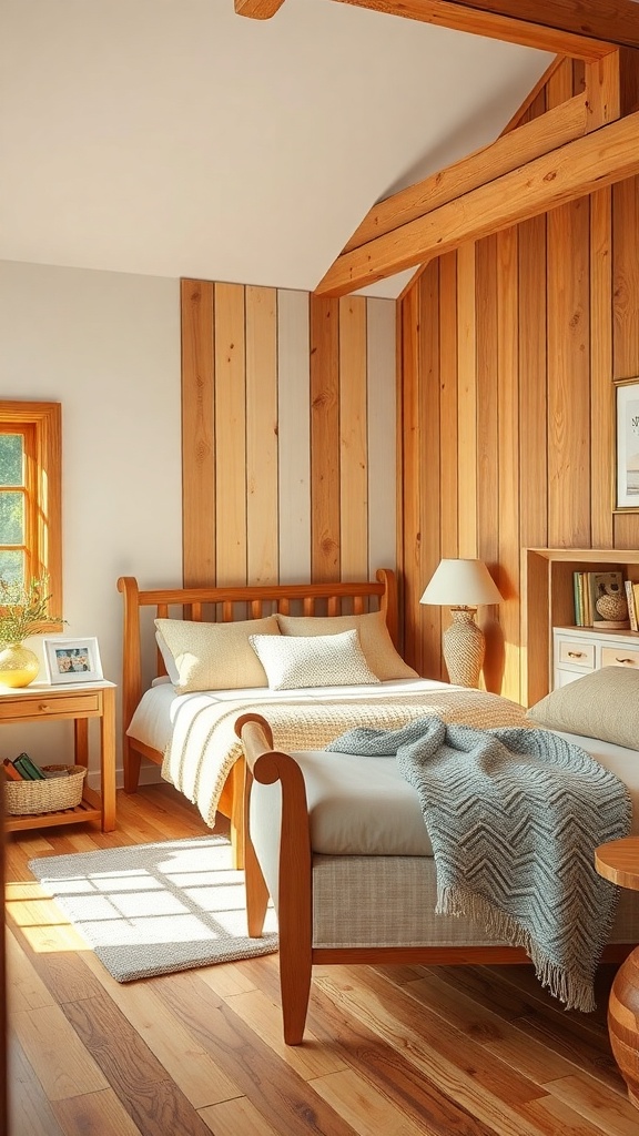 Cozy cottage bedroom with natural wood finishes, featuring wooden walls, a bed with soft linens, and warm lighting.