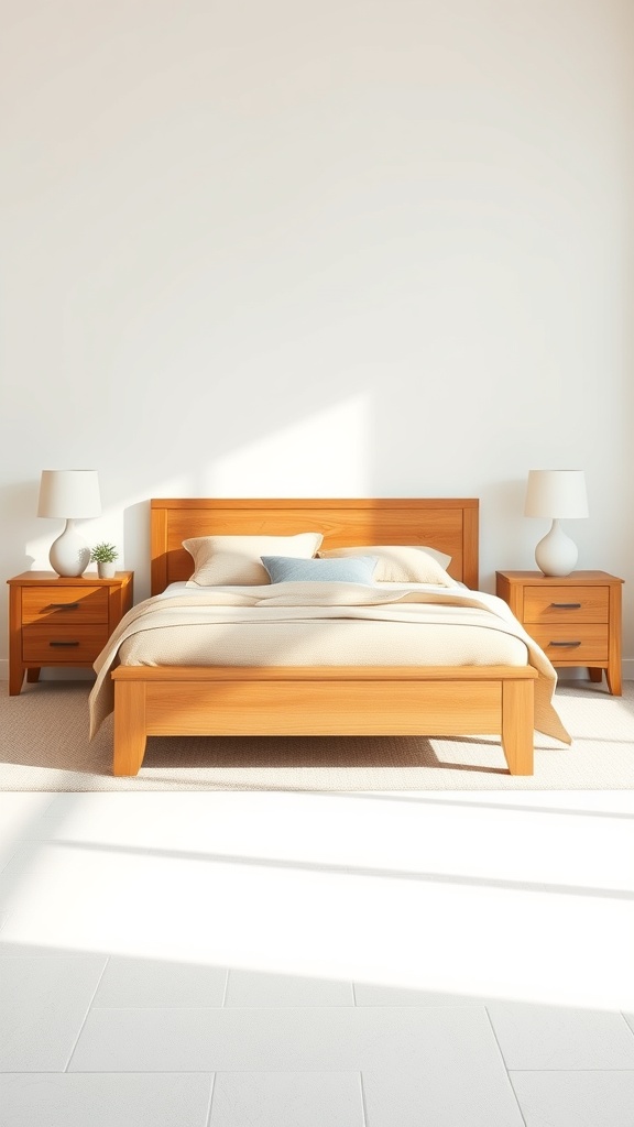 A cozy bedroom featuring natural wood furniture, including a bed and nightstands, with soft bedding and lamps.