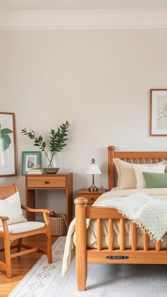 Cozy bedroom with sage and cream colors featuring wooden furniture accents.