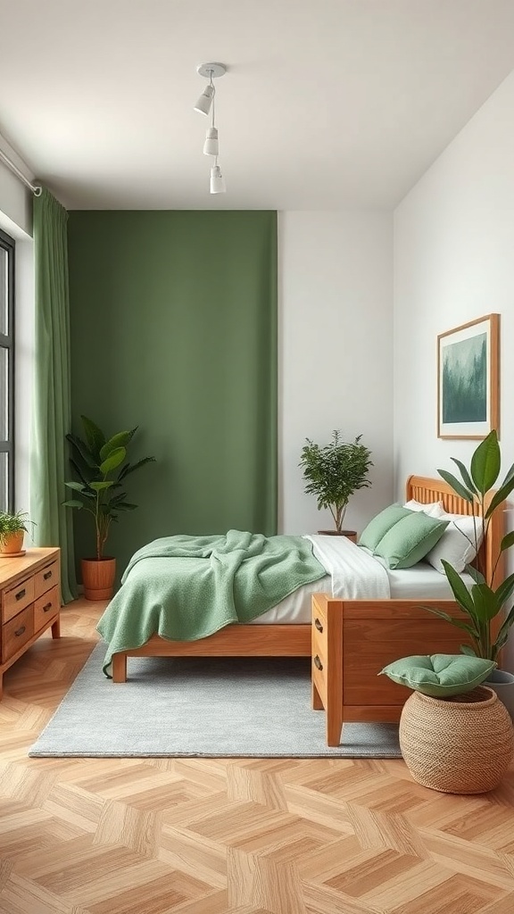 A cozy bedroom featuring natural wood furniture, green walls, and indoor plants.