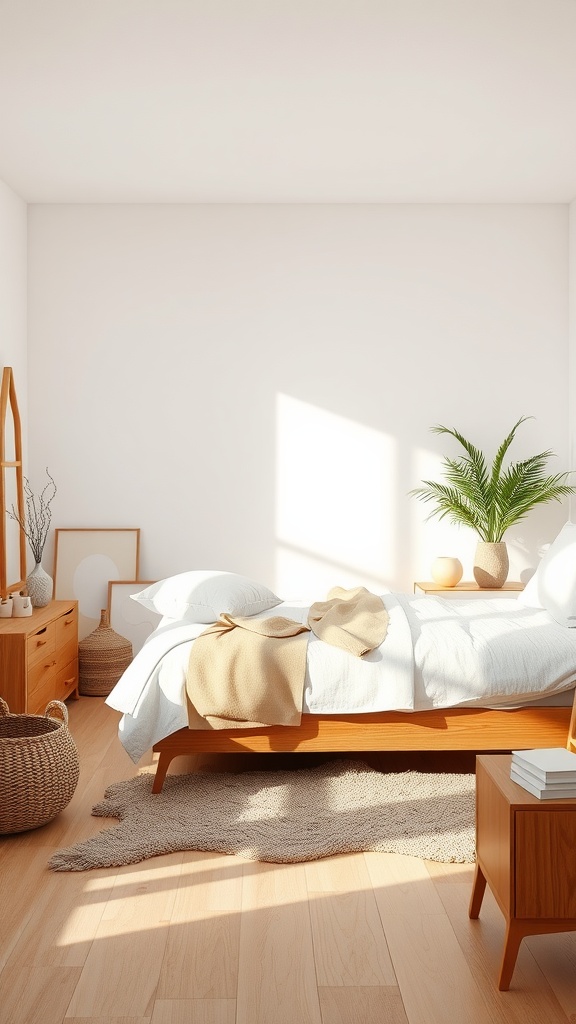 A serene bedroom with natural wood furniture, neutral colors, and a touch of greenery.