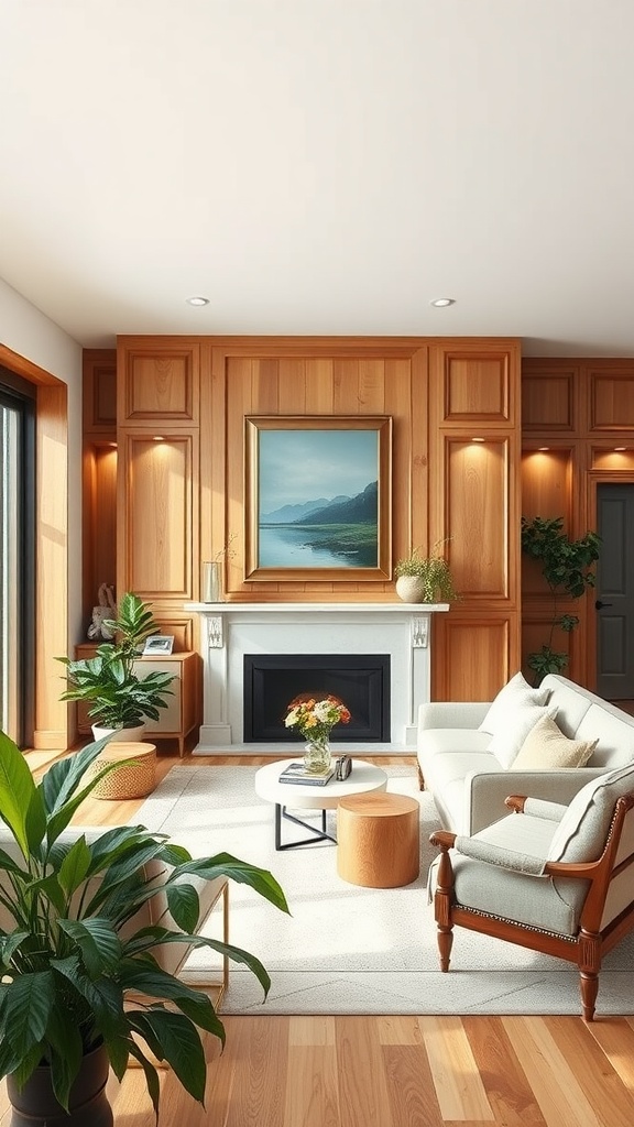 Living room featuring natural wood wainscoting, a cozy sofa, and plants, creating an inviting atmosphere.
