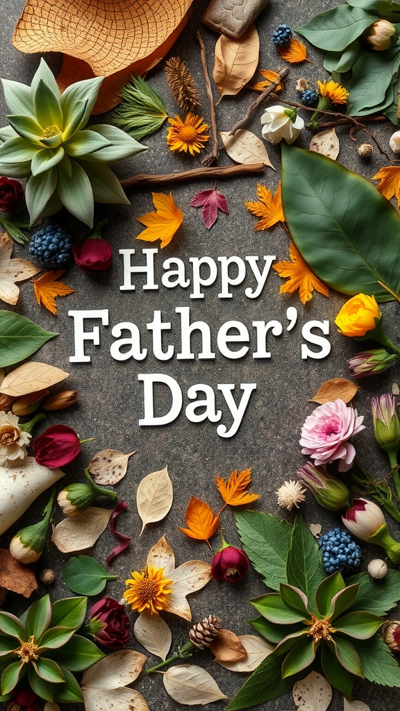 A colorful arrangement of flowers, leaves, and natural materials with the text 'Happy Father's Day' in the center.