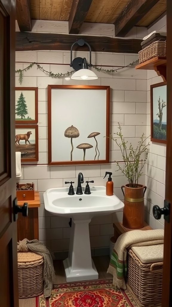 A small rustic bathroom featuring nature-inspired artwork including framed pictures of animals and plants.
