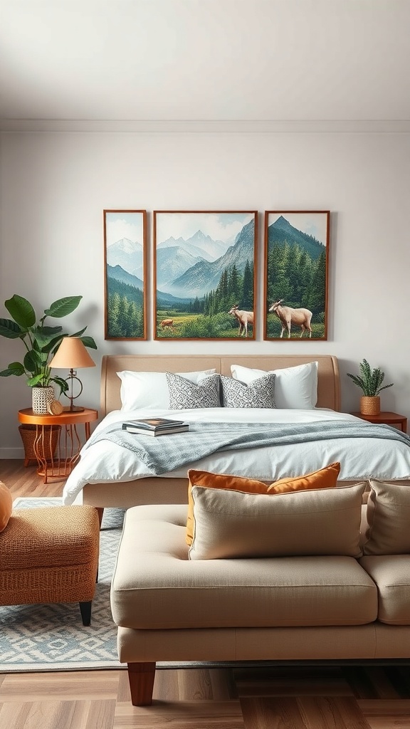A cozy living room featuring nature-inspired artwork with mountain landscapes.