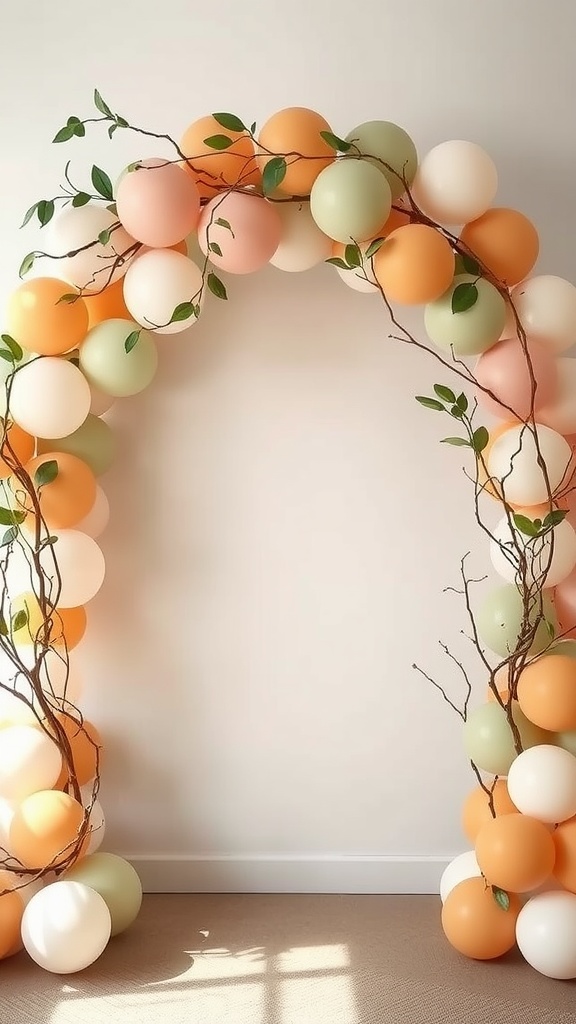 A nature-inspired balloon arch with soft pastel balloons and intertwined branches.