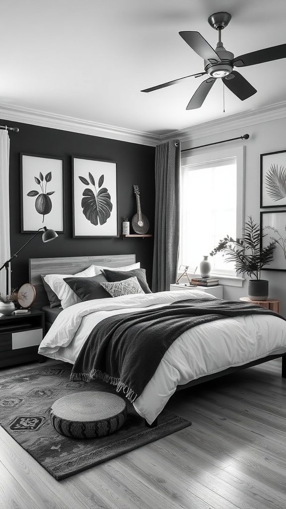 A black and white themed bedroom featuring nature-inspired decor with botanical prints, cozy bedding, and natural textures.