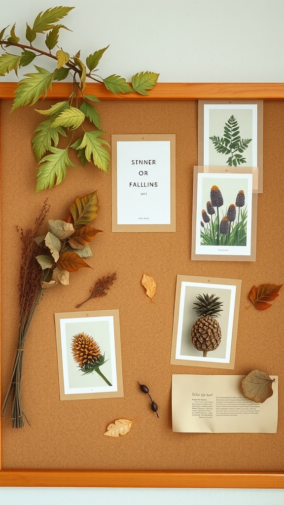 A nature-inspired bulletin board featuring pressed leaves, botanical prints, and a warm wood frame.