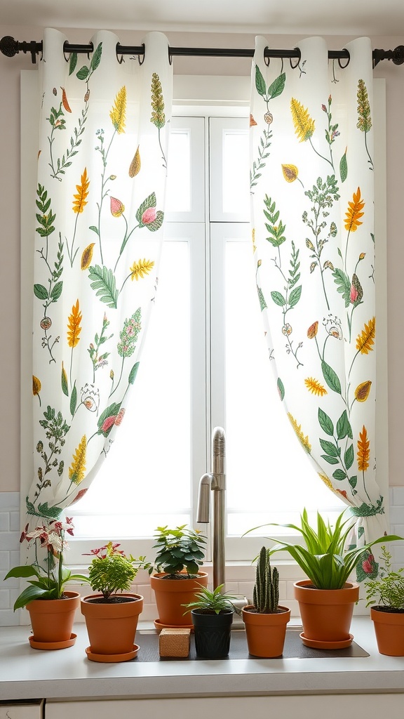 Botanical print kitchen curtains with colorful flower designs, paired with potted plants on the windowsill.