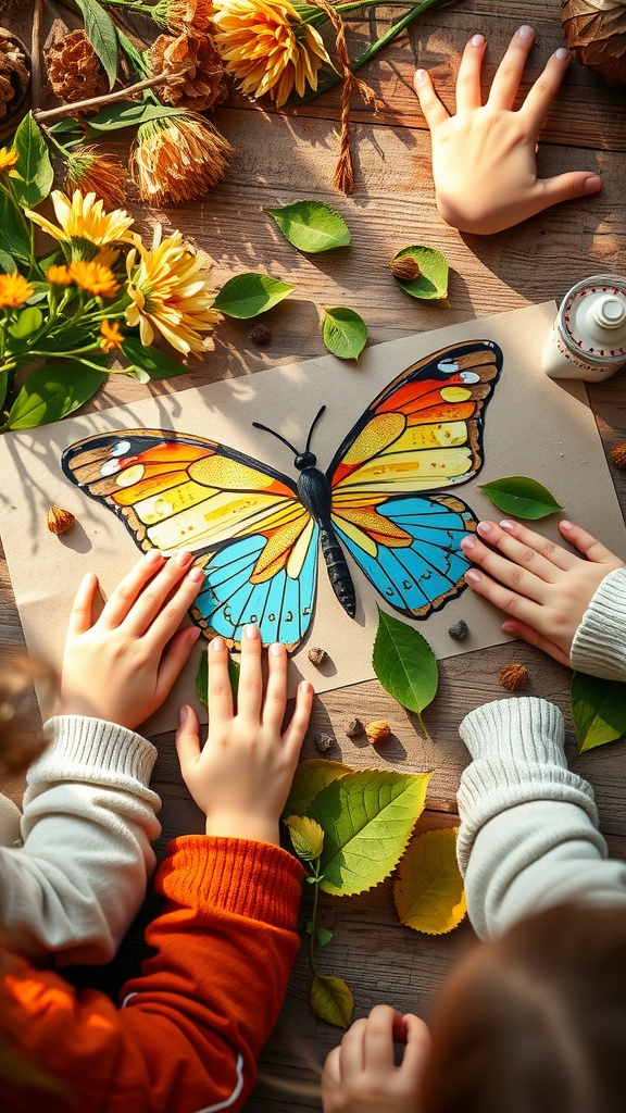 Children's hands working on a colorful butterfly collage surrounded by natural elements like leaves and flowers.