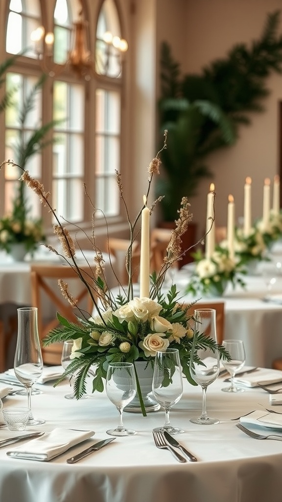 Nature-inspired centerpiece with white roses, greenery, and candles on a table setting.