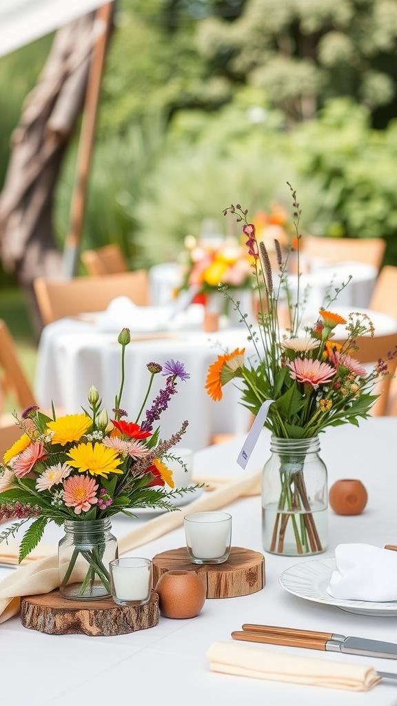 Colorful flower arrangements in mason jars on wooden slices for a baby shower table setting