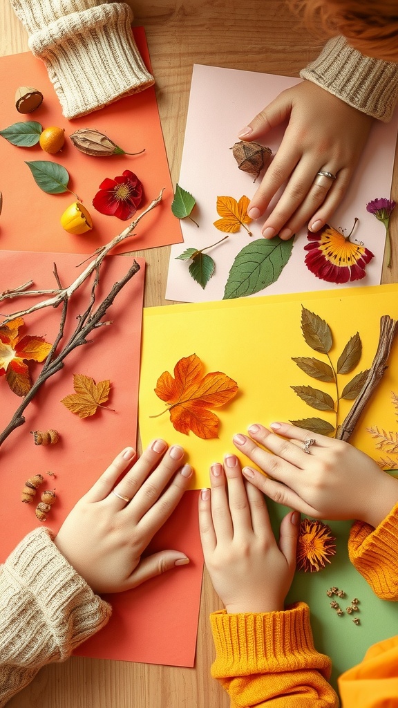Hands of children and adults creating a nature-inspired collage with leaves and flowers on colorful paper.