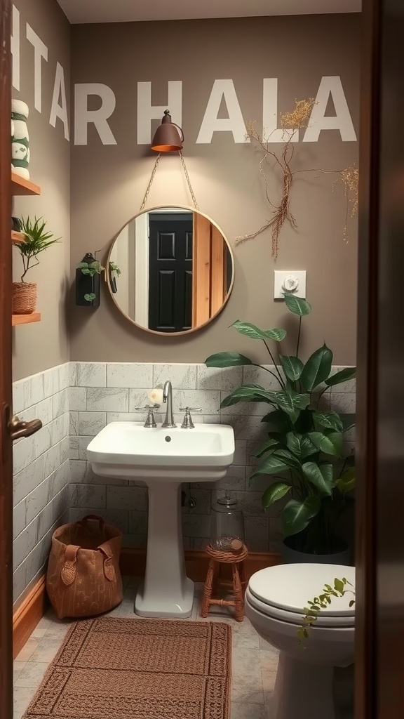 A small rustic bathroom with earthy tones, plants, and cozy lighting.