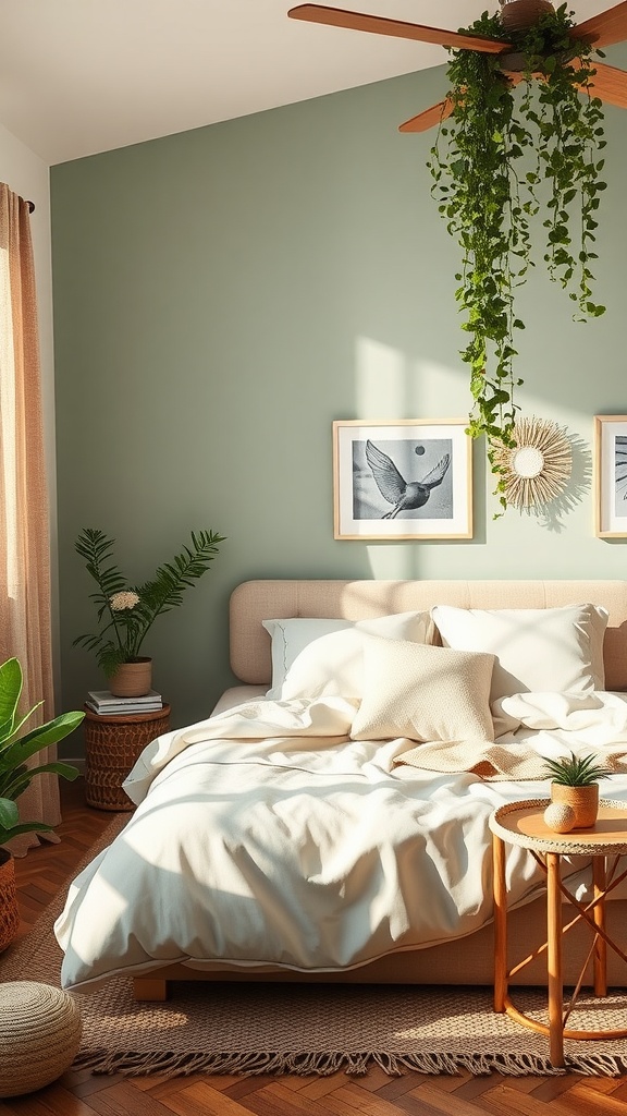 A cozy fairycore bedroom featuring a green wall, plants, and natural materials.