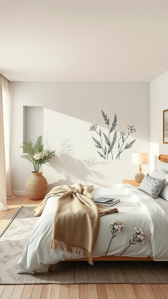 A cozy bedroom with nature-inspired decor, featuring floral wall art and a green plant.