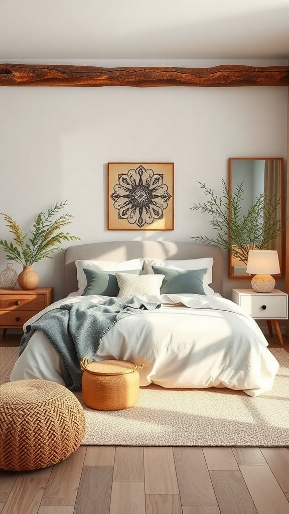 A serene bedroom with a light wood theme, featuring a cozy bed, plants, and natural textures.