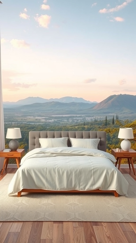 A serene bedroom with a view of mountains and a pastel sky, featuring soft white bedding and earthy tones.