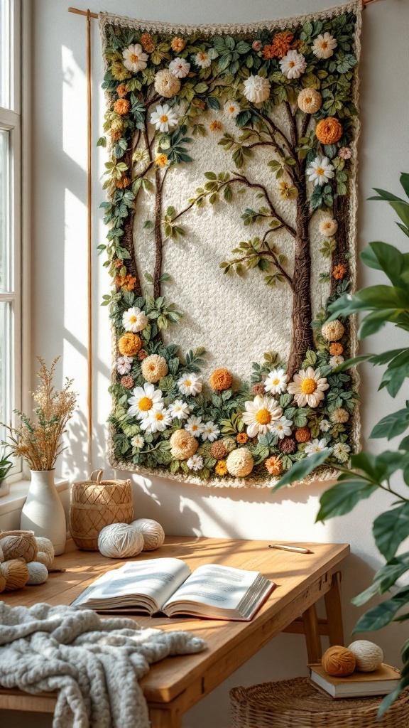 A nature-inspired crochet wall hanging featuring flowers and trees, displayed in a cozy indoor setting.