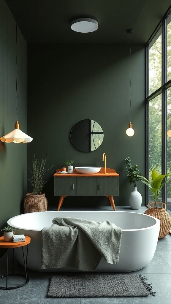A modern bathroom with dark green walls, a freestanding white bathtub, wooden vanity, and plants.