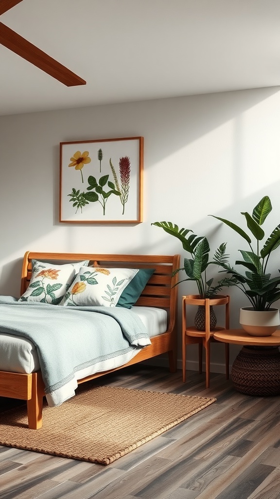 A cozy bedroom featuring a wooden bed, floral pillows, houseplants, and nature-inspired artwork.