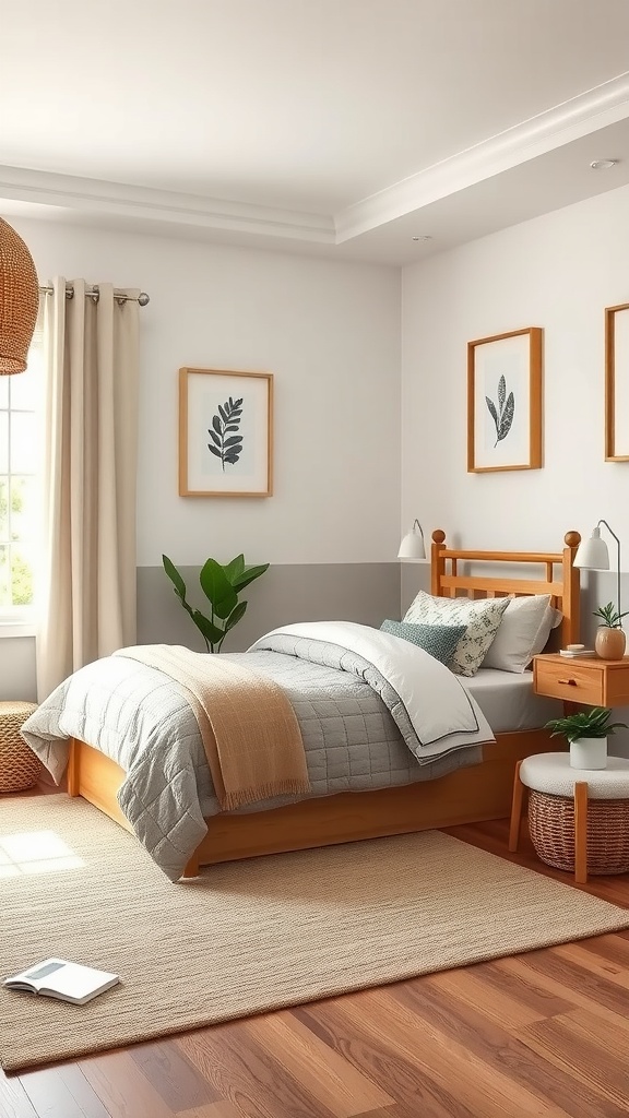 A cozy tween girl's bedroom with nature-inspired decor featuring wooden furniture, leafy wall art, and potted plants.