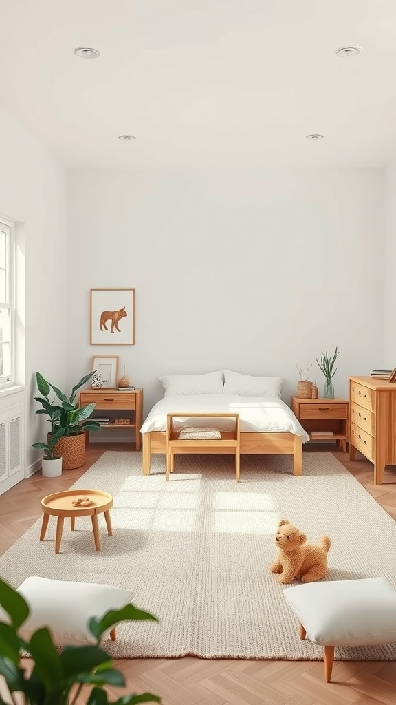 A bright and minimal Montessori toddler bedroom featuring wooden furniture, a soft rug, and a plant.