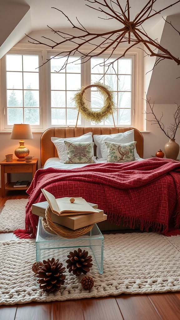 A cozy winter bedroom featuring a branch chandelier, a red blanket, and pinecone decor.