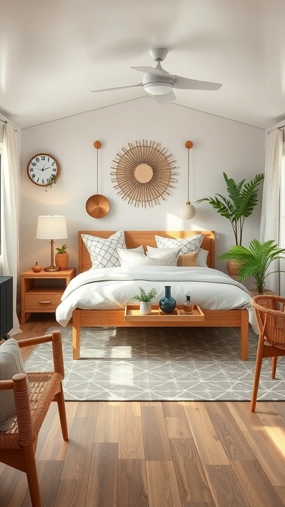 A cozy living room with wooden furniture, plants, and natural decor elements.