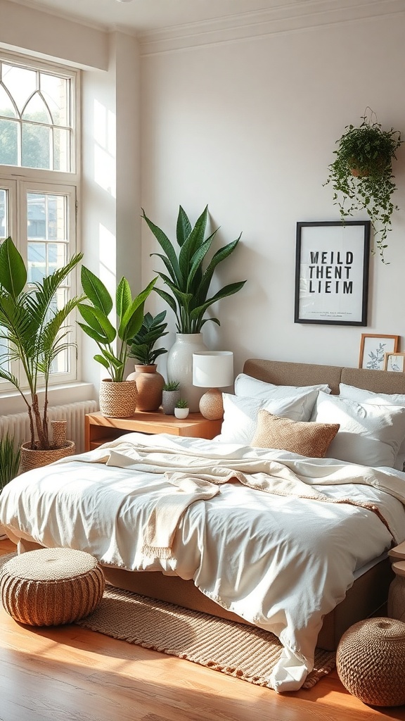 A cozy room with plants, natural light, and earthy decor.