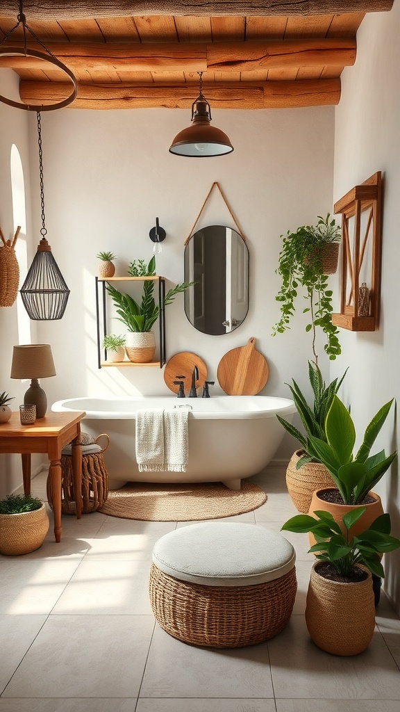 A rustic bathroom featuring plants, wooden decor, and a cozy atmosphere.