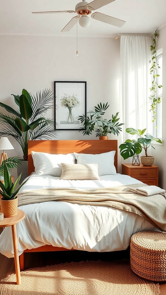 A cozy bedroom with plants, a wooden bed, and soft textiles, creating a nature-inspired decor.