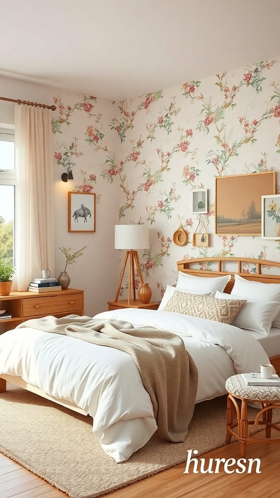 A cozy fairycore bedroom featuring floral wallpaper, wooden furniture, and natural textures.