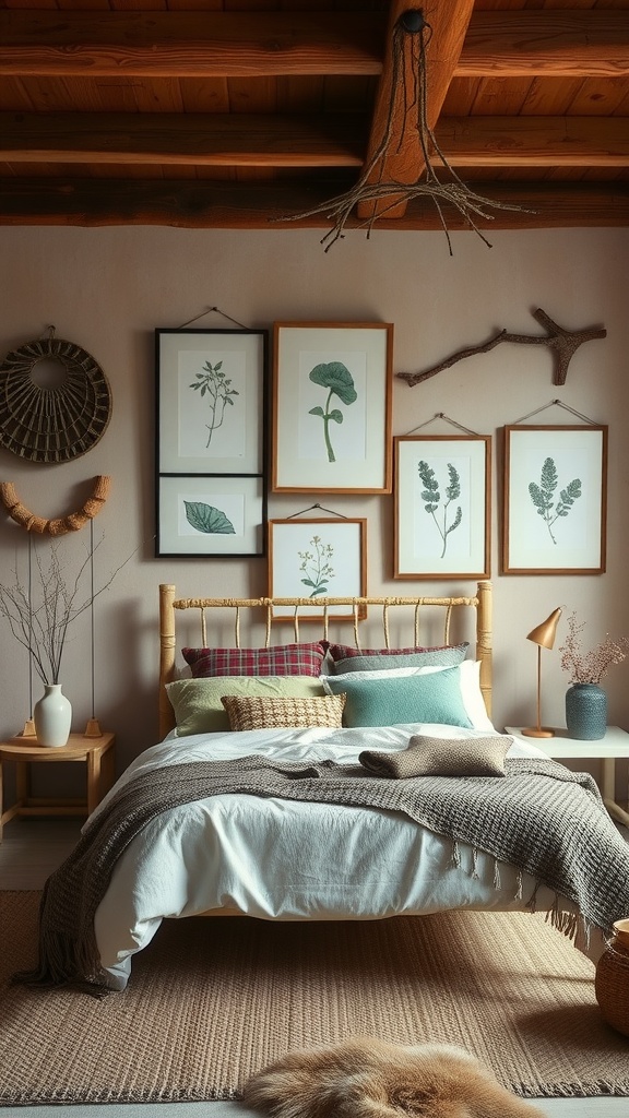 A rustic bedroom with nature-inspired decor, featuring botanical prints, wooden furniture, and cozy textiles.