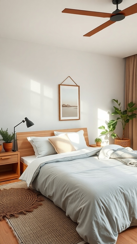A cozy bedroom with light blue bedding, wooden furniture, and indoor plants, showcasing nature-inspired decor.