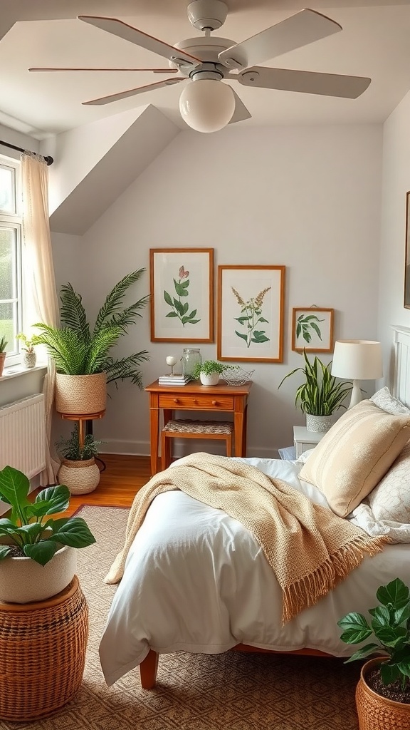 A cozy cottage bedroom with plants, wooden furniture, and nature-inspired decor.