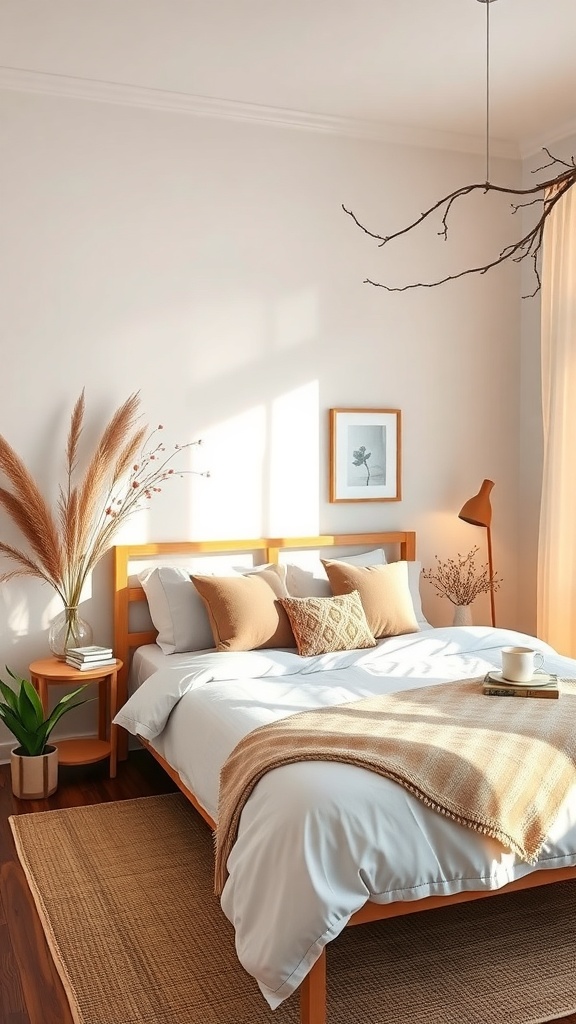A cozy cottagecore bedroom featuring a wooden bed, natural decor, and soft textiles.