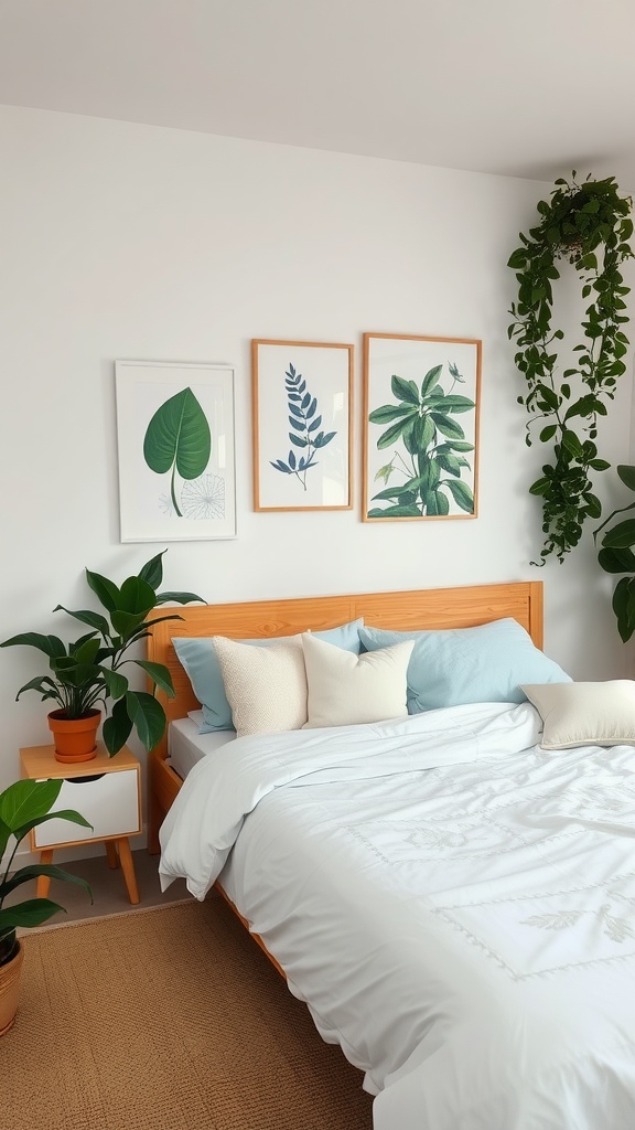 A calming bedroom with nature-inspired decor featuring plants and botanical wall art.