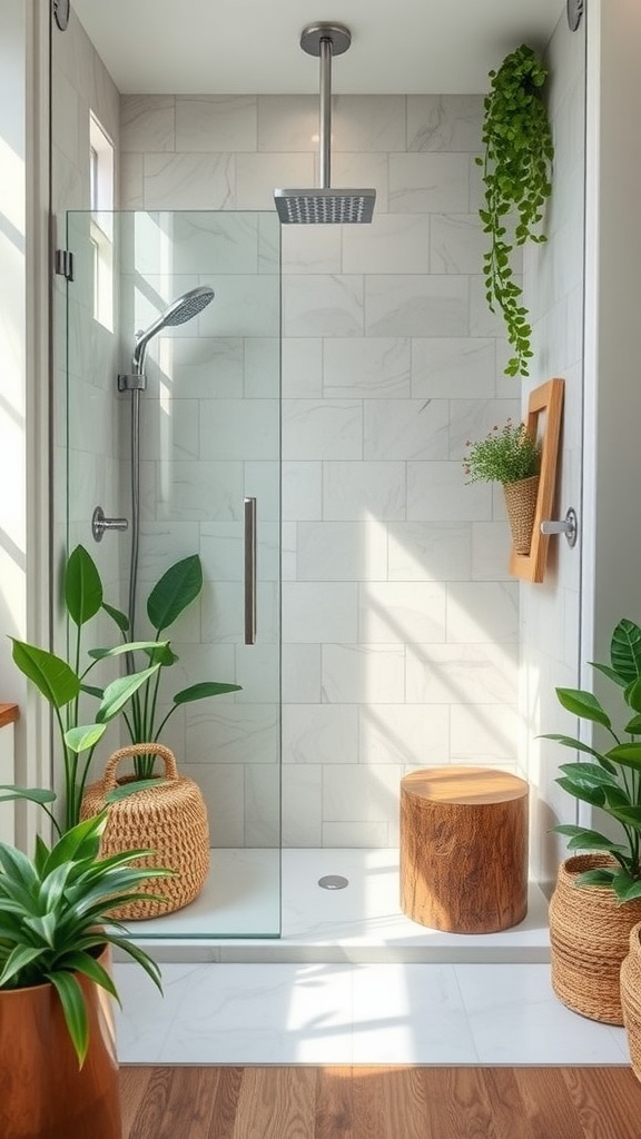 A nature-inspired decor setup with indoor plants, wooden elements, and natural light