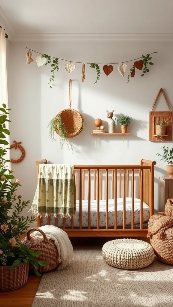 A nature-inspired French country nursery featuring a wooden crib, plants, and decorative elements.