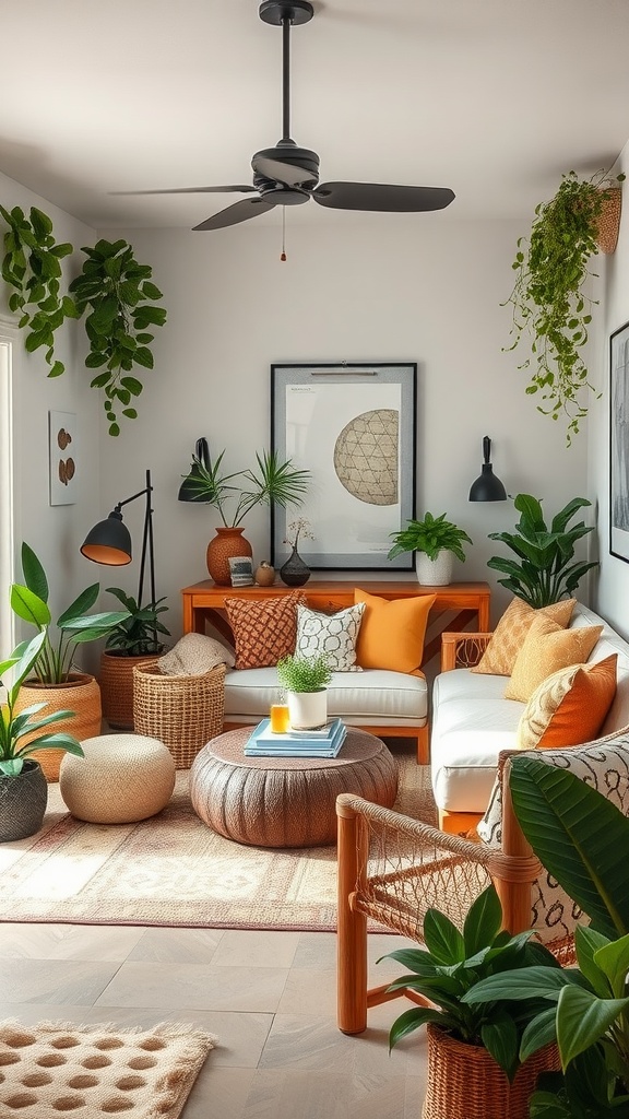 A cozy basement family room with nature-inspired decor, featuring plants and warm tones.