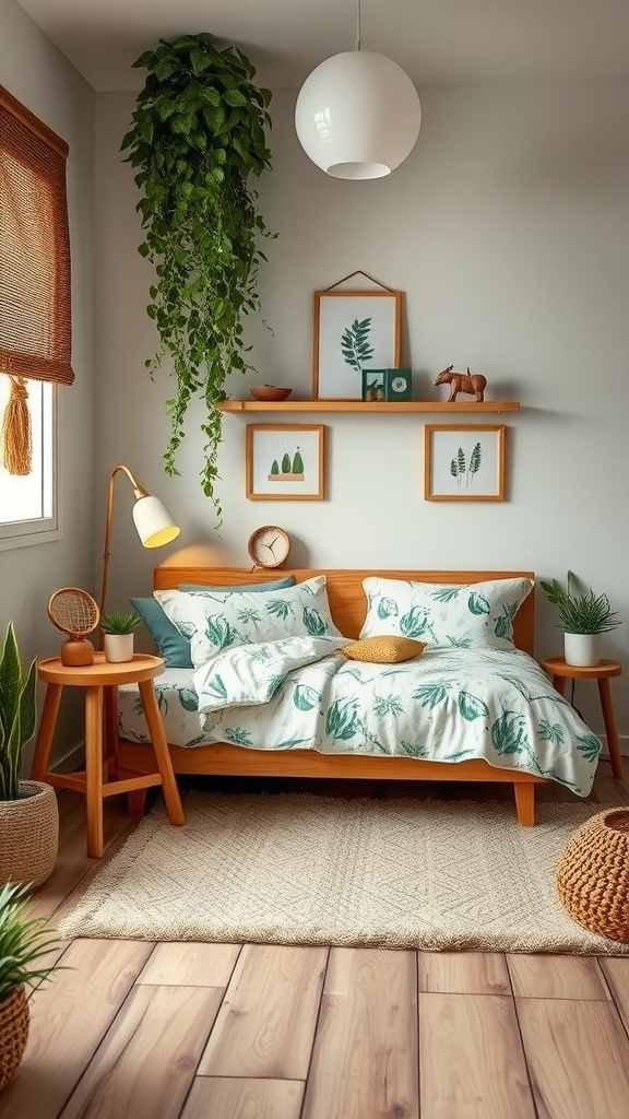 A cozy kids bedroom with nature-inspired decor featuring leafy bedding, hanging plants, and wooden furniture.