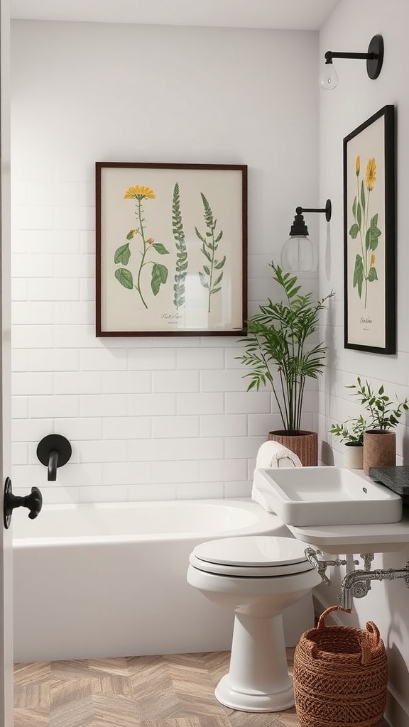 A rustic bathroom with botanical wall art, plants, and wood accents