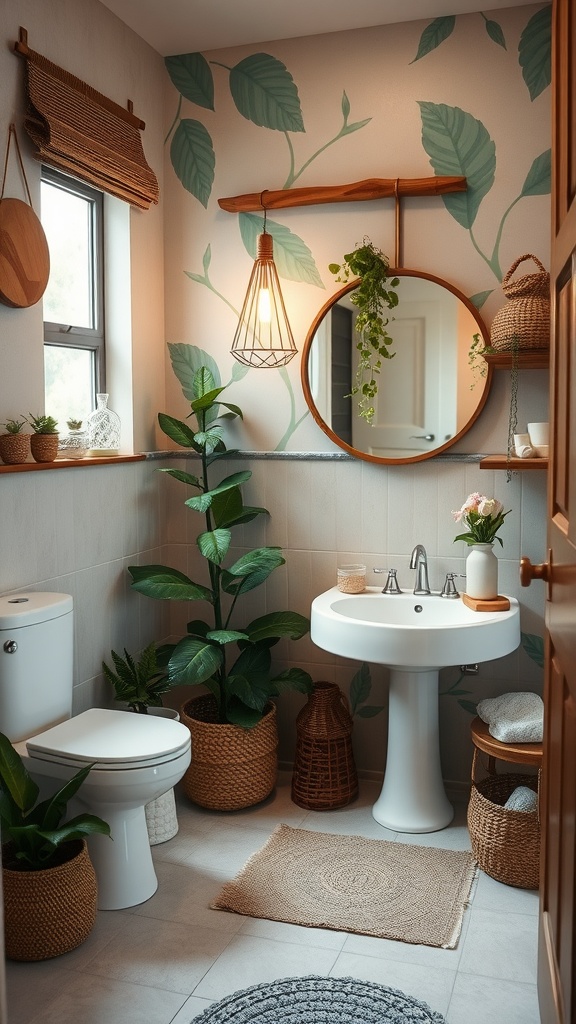 A cozy bathroom featuring nature-inspired decor with leafy wallpaper, potted plants, and warm lighting.