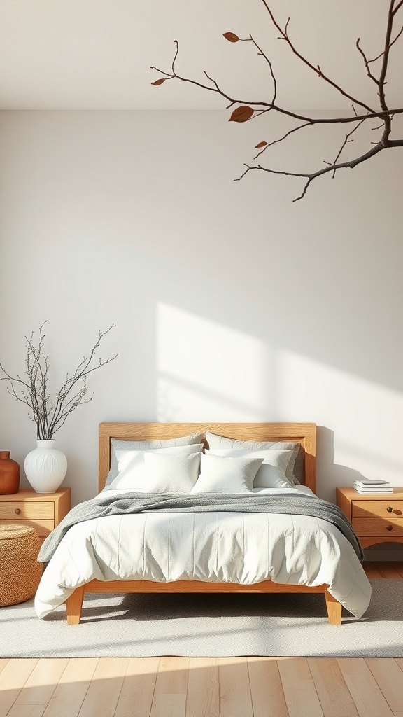 A cozy bedroom with wooden furniture, soft bedding, and nature-inspired decor elements like a branch with leaves.