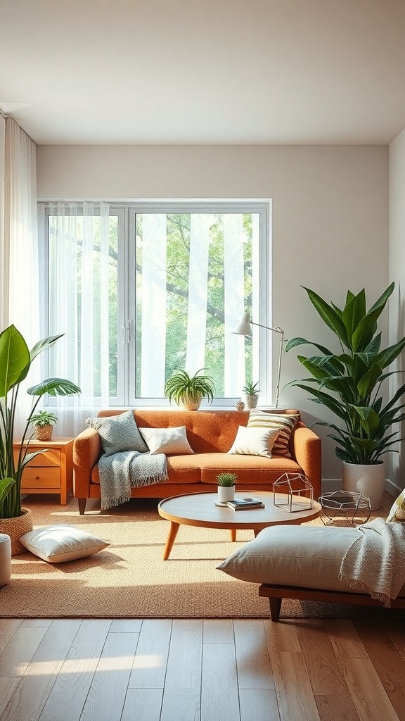 A cozy living room featuring a brown sofa, green plants, and natural light from a large window.