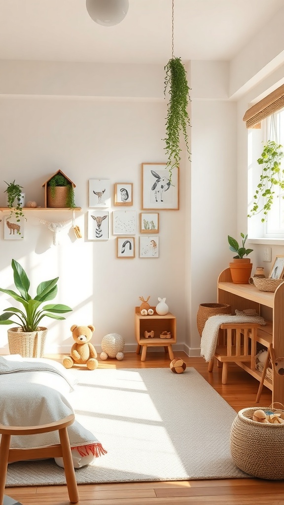 A bright Montessori toddler bedroom with nature-inspired decor, featuring plants, animal artwork, and wooden furniture.