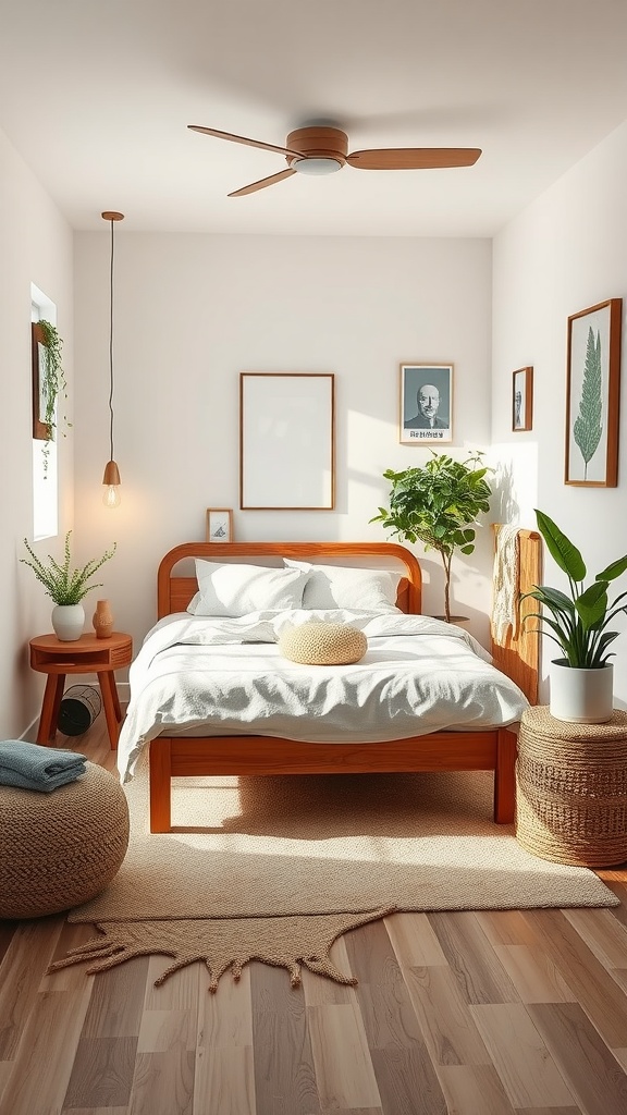 Cozy small bedroom with nature-inspired decor, featuring a wooden bed, plants, and soft textures.