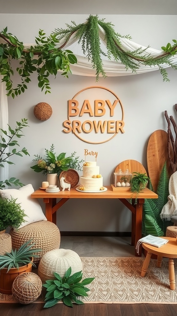 A nature-inspired baby shower setup featuring plants, a cake, and warm wooden elements.